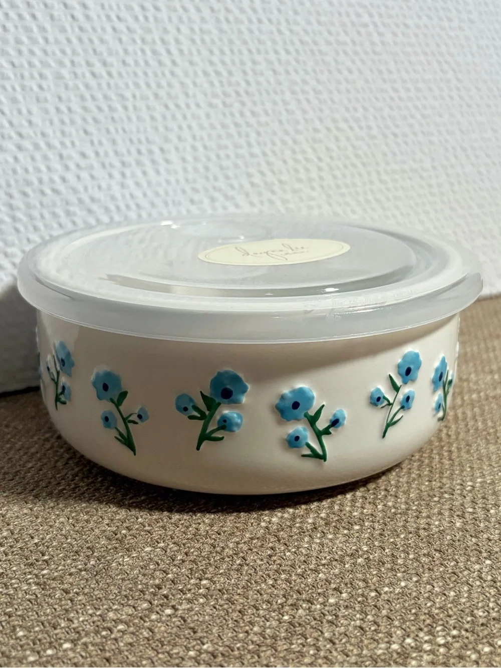 Ceramic Bowl with Venting Lid - Blue & Navy Floral Motif Textured Flower Design